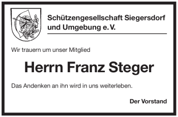 Traueranzeige von Franz Steger von Pegnitz-Zeitung